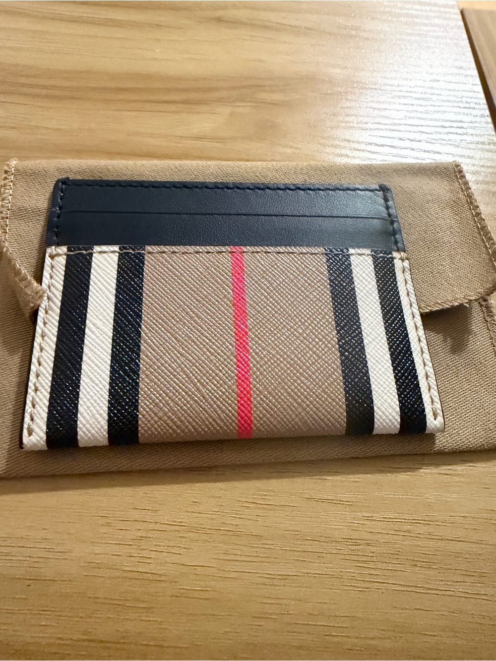 Burberry Beige Stripe Card Holder with Black and Red Accents